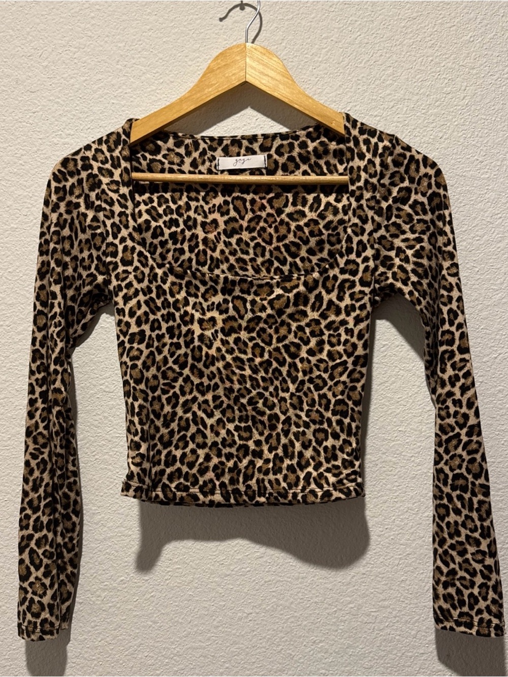 gaze Leopard-Print Long Sleeve Square Neck Top in Tan and Black